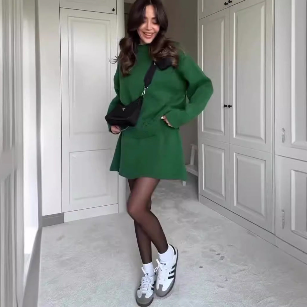 Knit Casual Versatile Long Sleeve Pullover Elegant Solid High Waist Mini Skirt Outfit