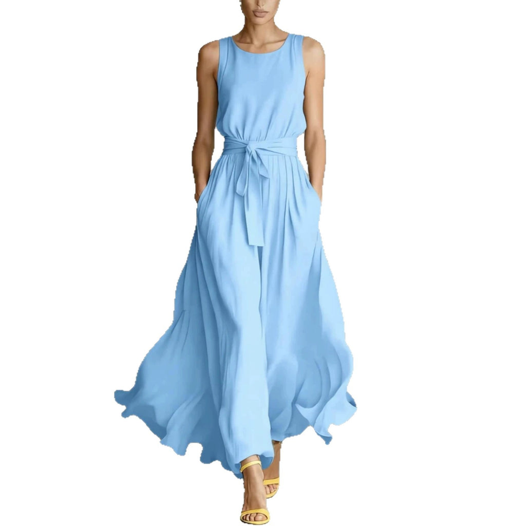 Womens Waist-Cinching Lace-Up Sleeveless Dress