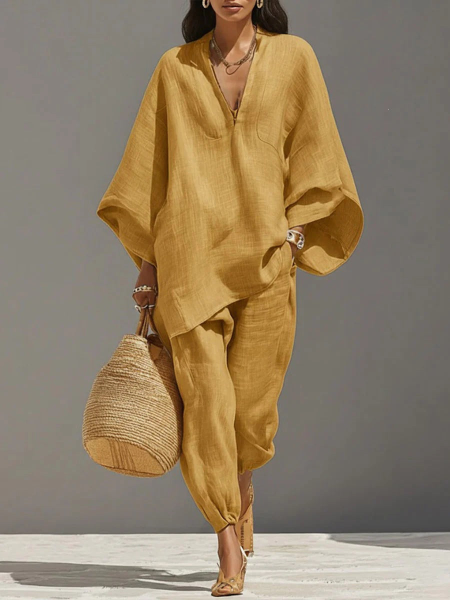 Casual Relaxed Loose-Fitting Solid-Color Shirt Set
