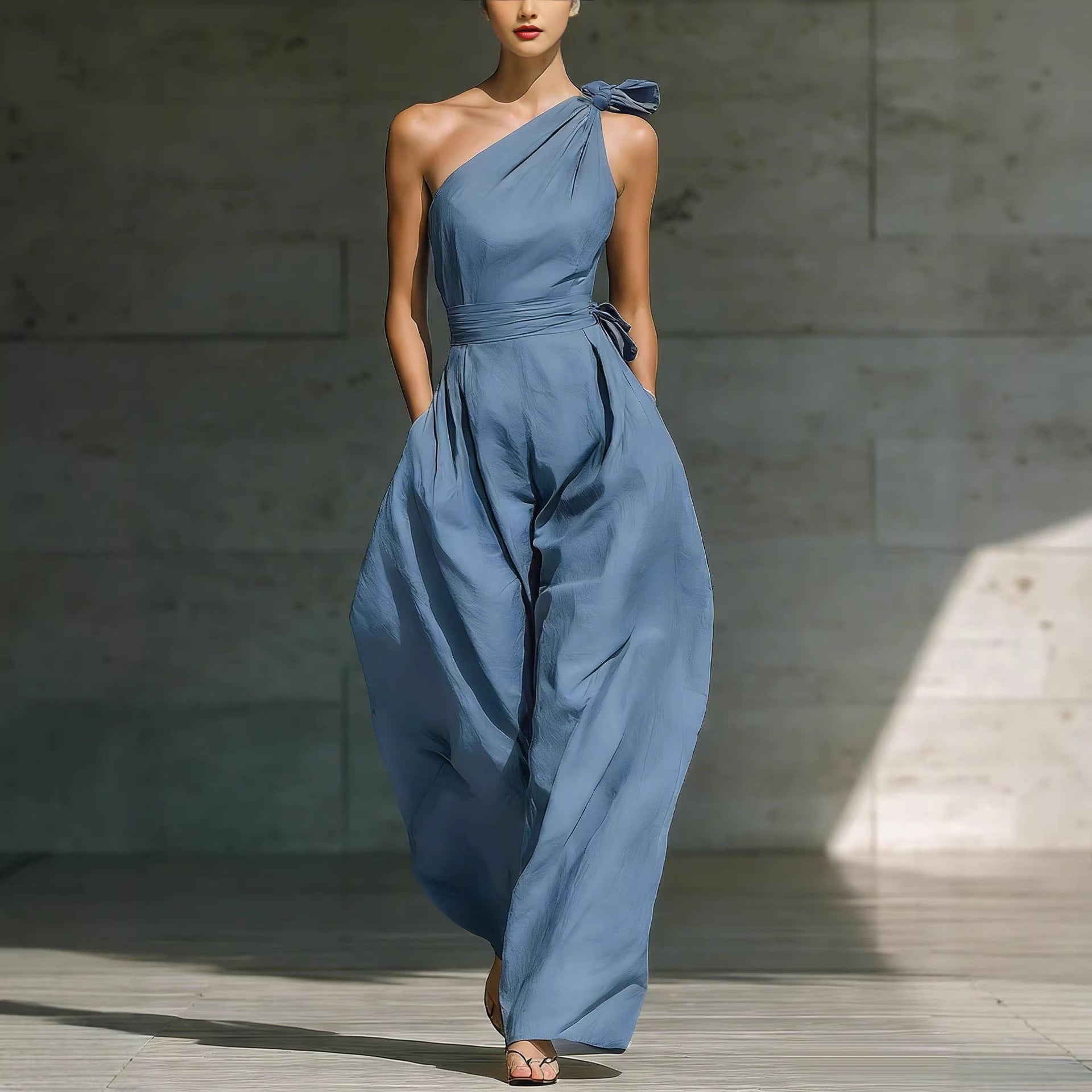 Relaxed One-Shoulder Belted Jumpsuit