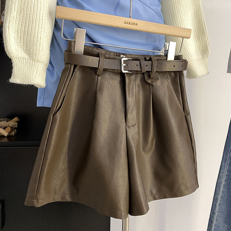 Black PU Leather Shorts A-line Wide-leg Pants