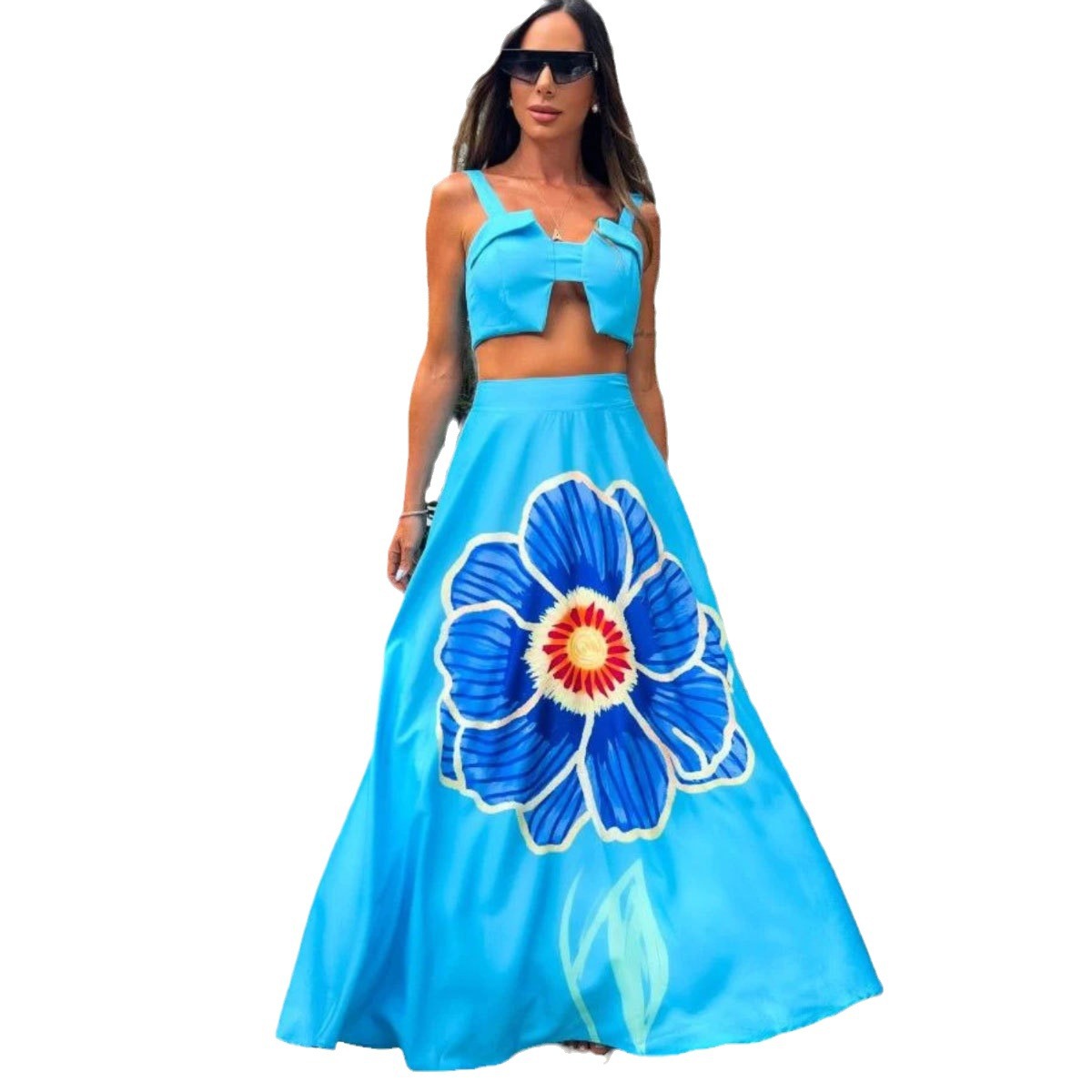 Blue Printed Midriff Outfit Split Two-piece Set For Women