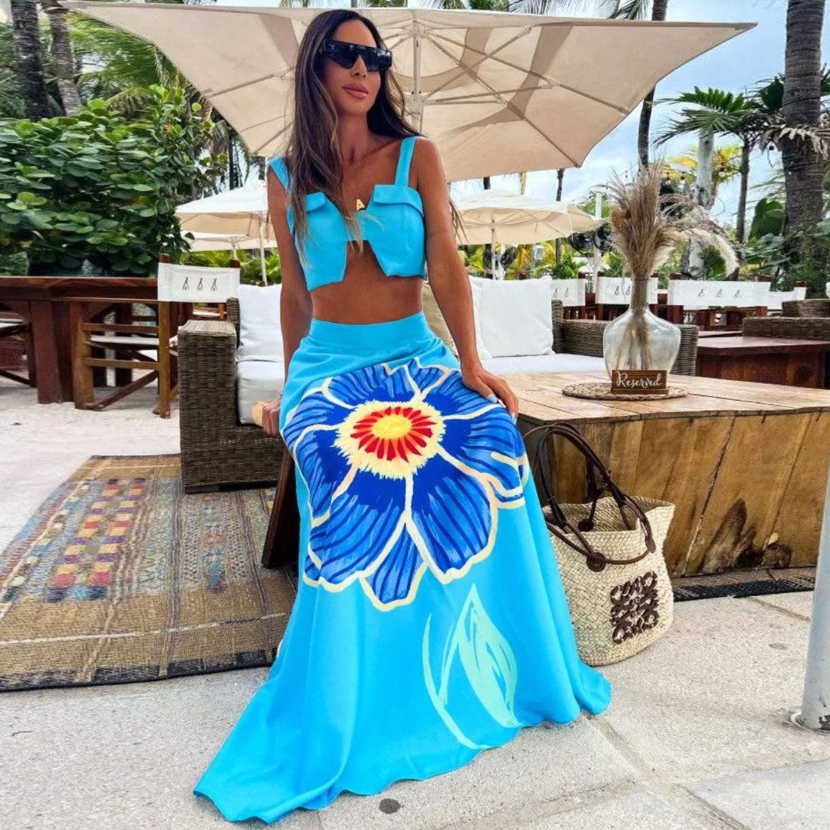 Blue Printed Midriff Outfit Split Two-piece Set For Women