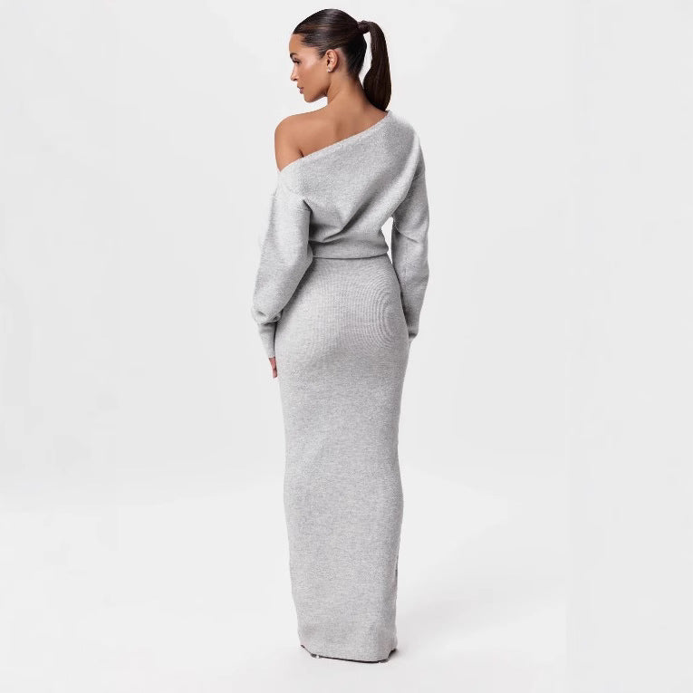 Ins Slim Long Sleeve Knitted  Evening Party Sexy Off-shoulder Bodycon Long Dresses