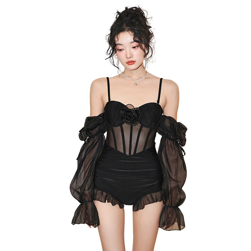 Solid Color Swimsuit Two-piece Lace Puff Sleeve Advanced