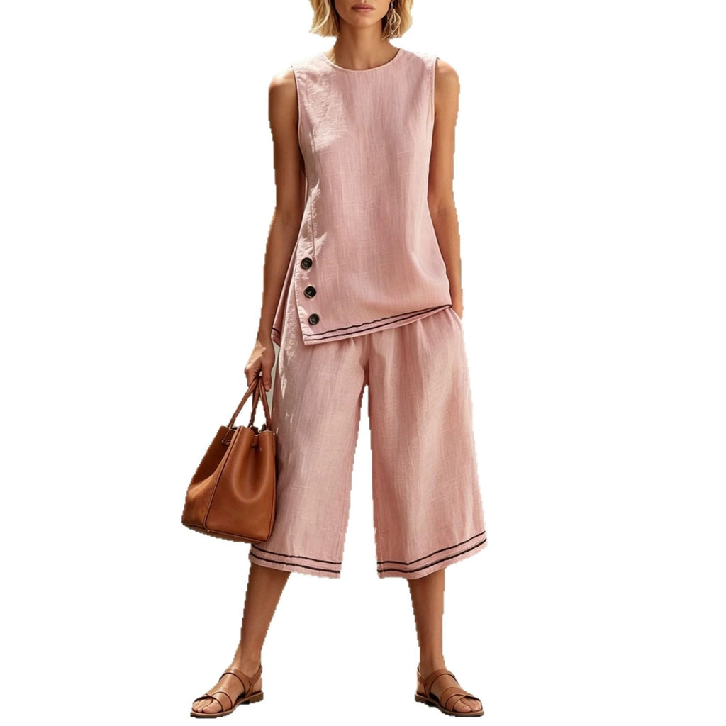 Sleeveless Side-split Tank Top Paired With Wide-leg Cropped Pants Womens Two-piece Set