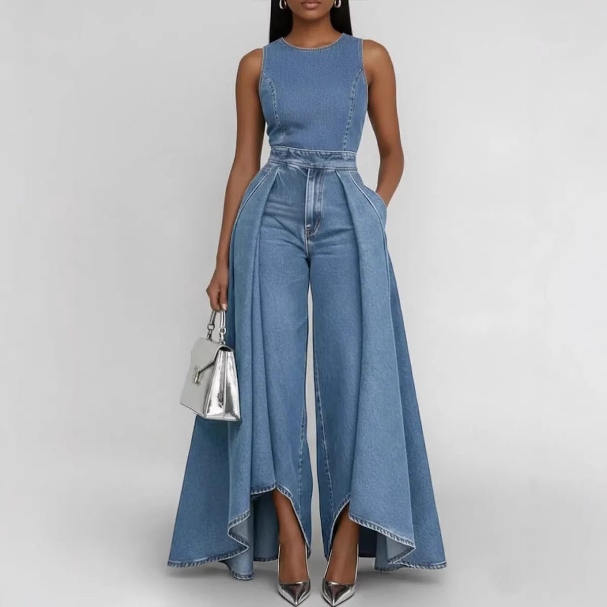 Crew-neck Sleeveless Casual Loose-fit Wide-leg Denim Jumpsuit