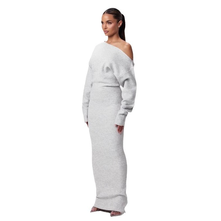 Ins Slim Long Sleeve Knitted  Evening Party Sexy Off-shoulder Bodycon Long Dresses