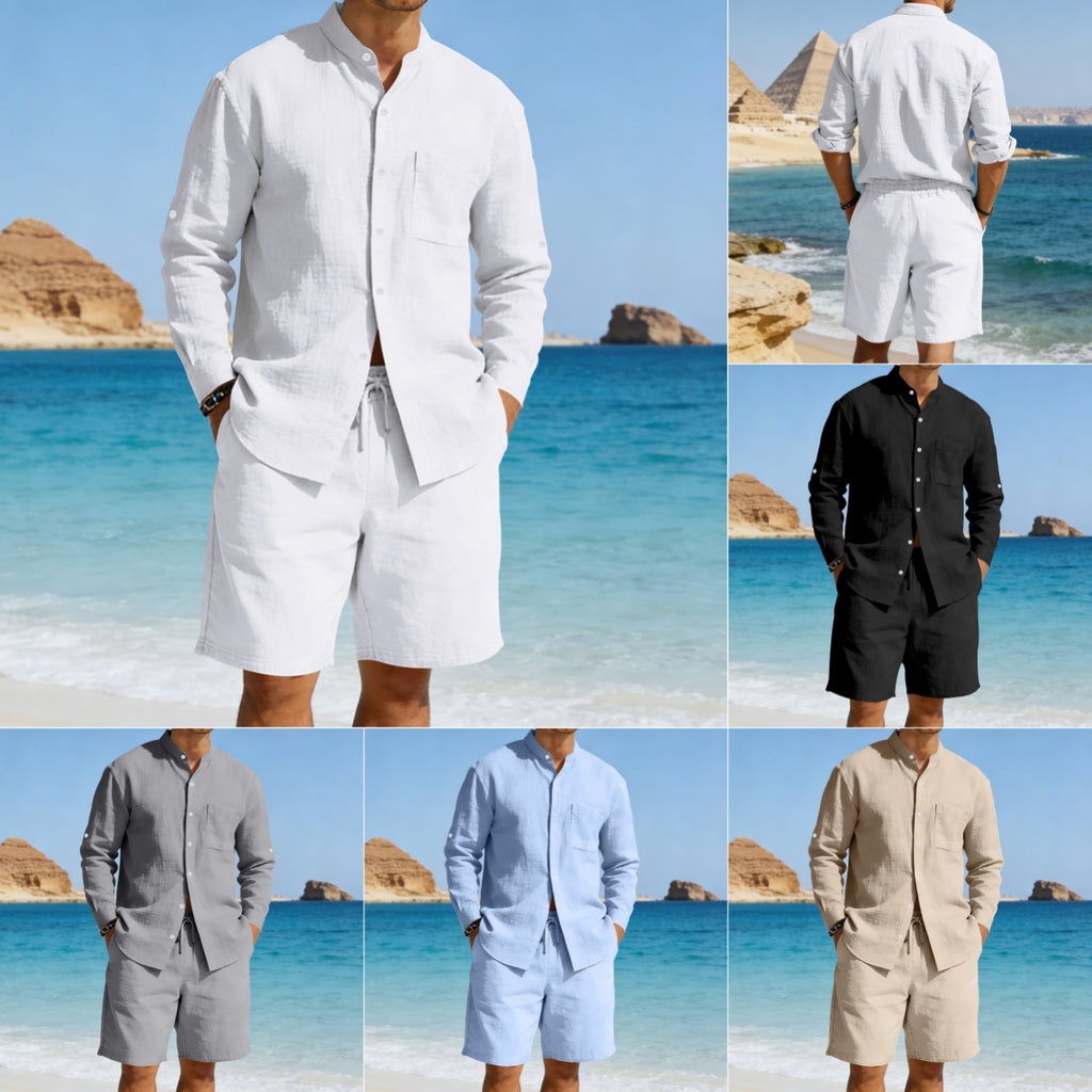 Mens Casual Linen Shirt And Shorts Set